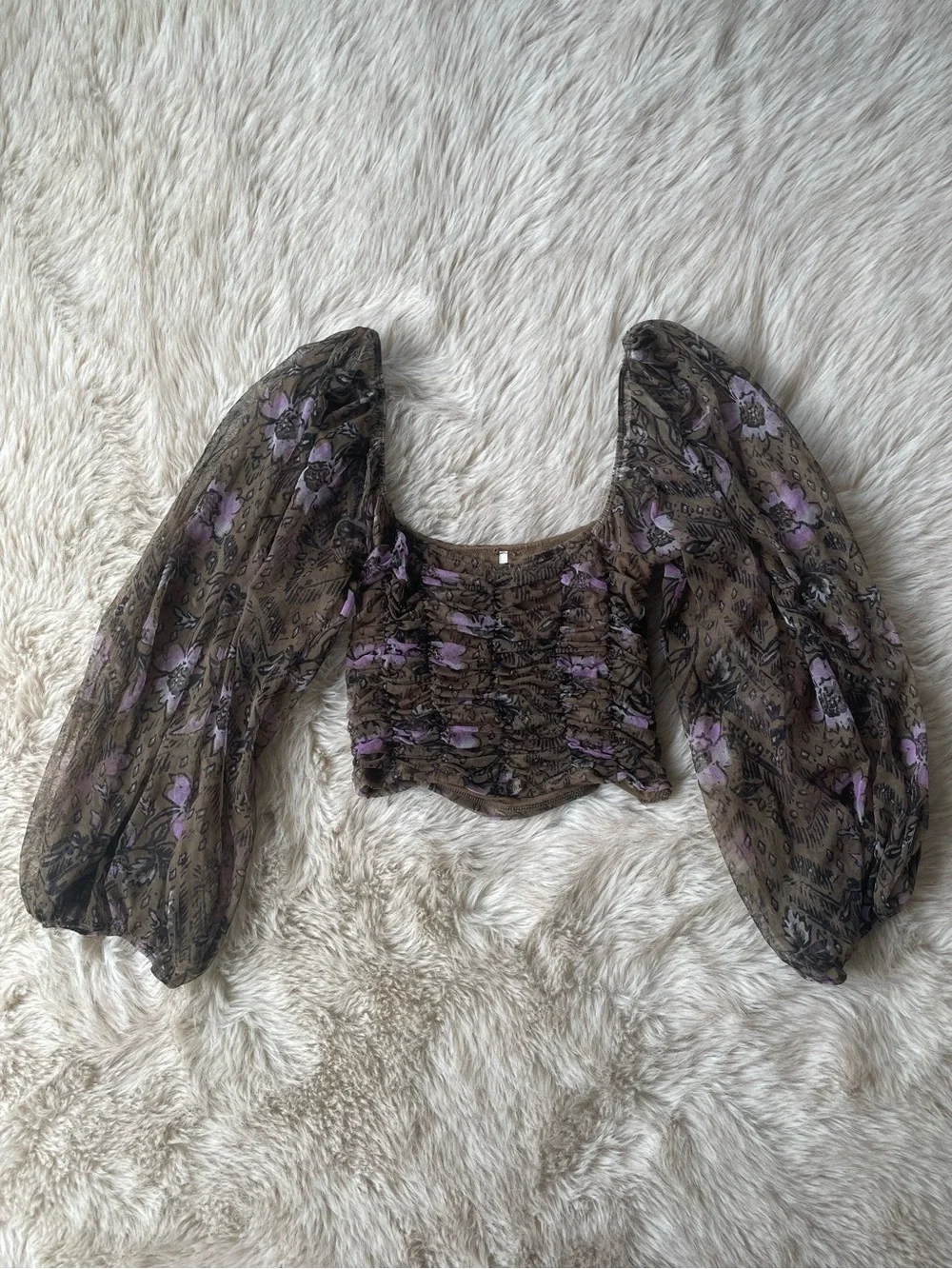 Free People Lilia Top in Olive Combo Square-Neck Puff Sleeve